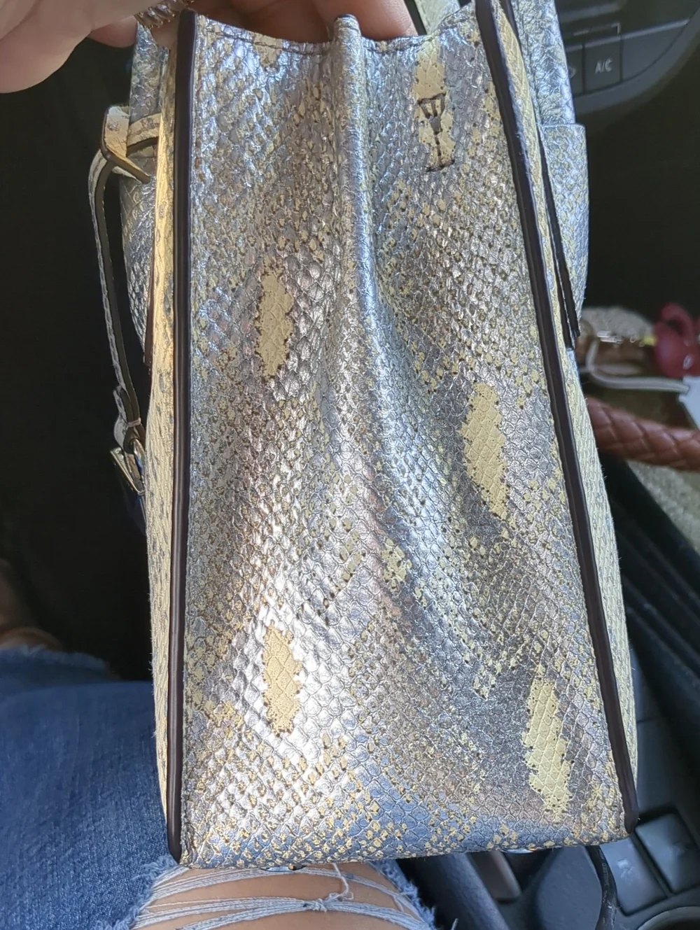 NWOT! Flawed Michael Kors Cream and Silver Snake-Print Genuine Leather Tote
